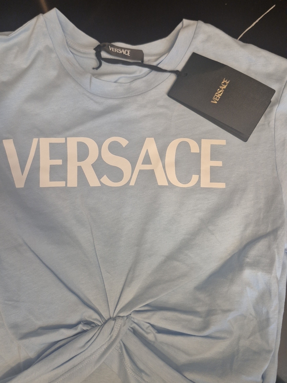 Versace Light Blue Logo Knot Crop Top - Picture 3 of 5